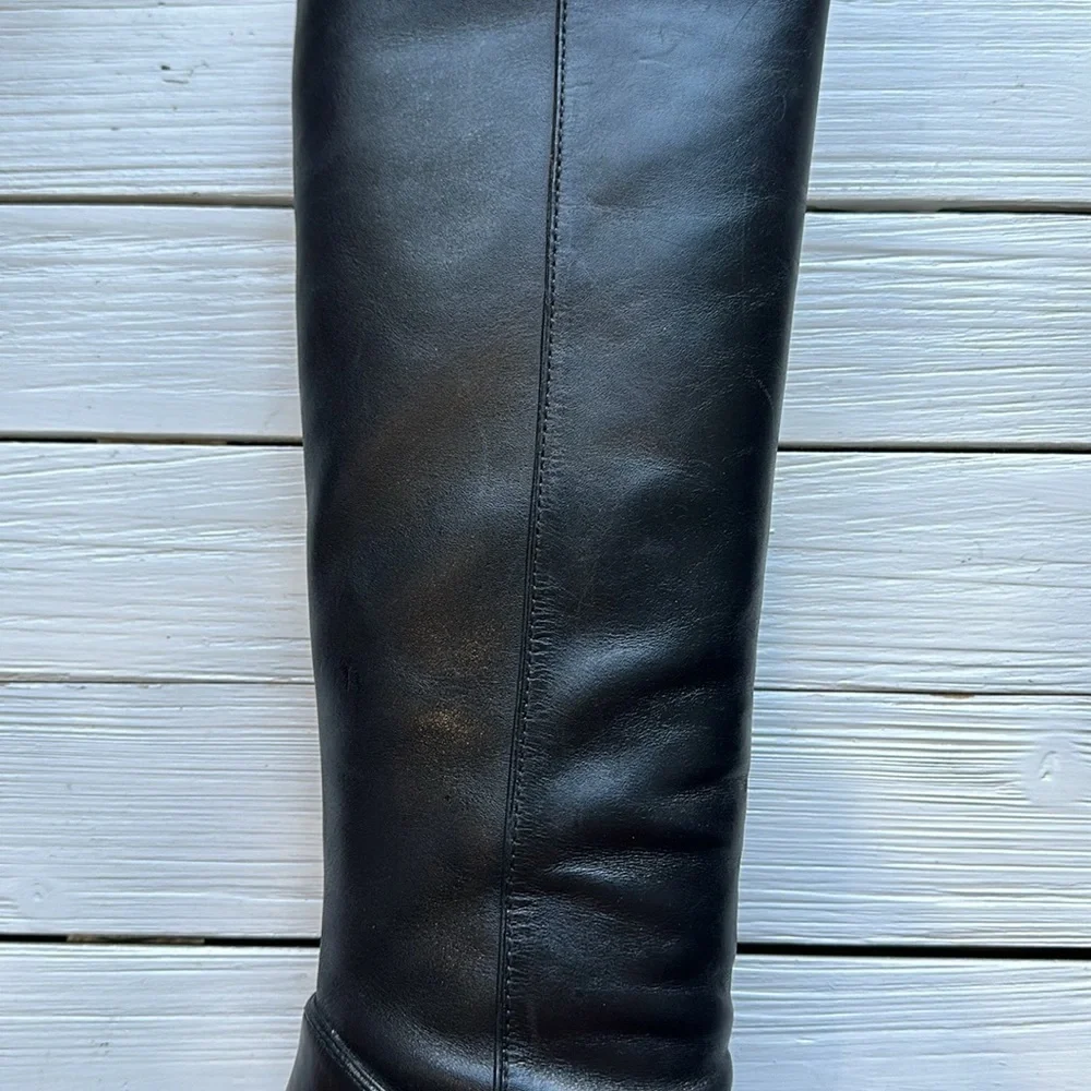 Tory Burch Black Tall Kasey Heeled Smooth Leather Boots Logo size 5.5